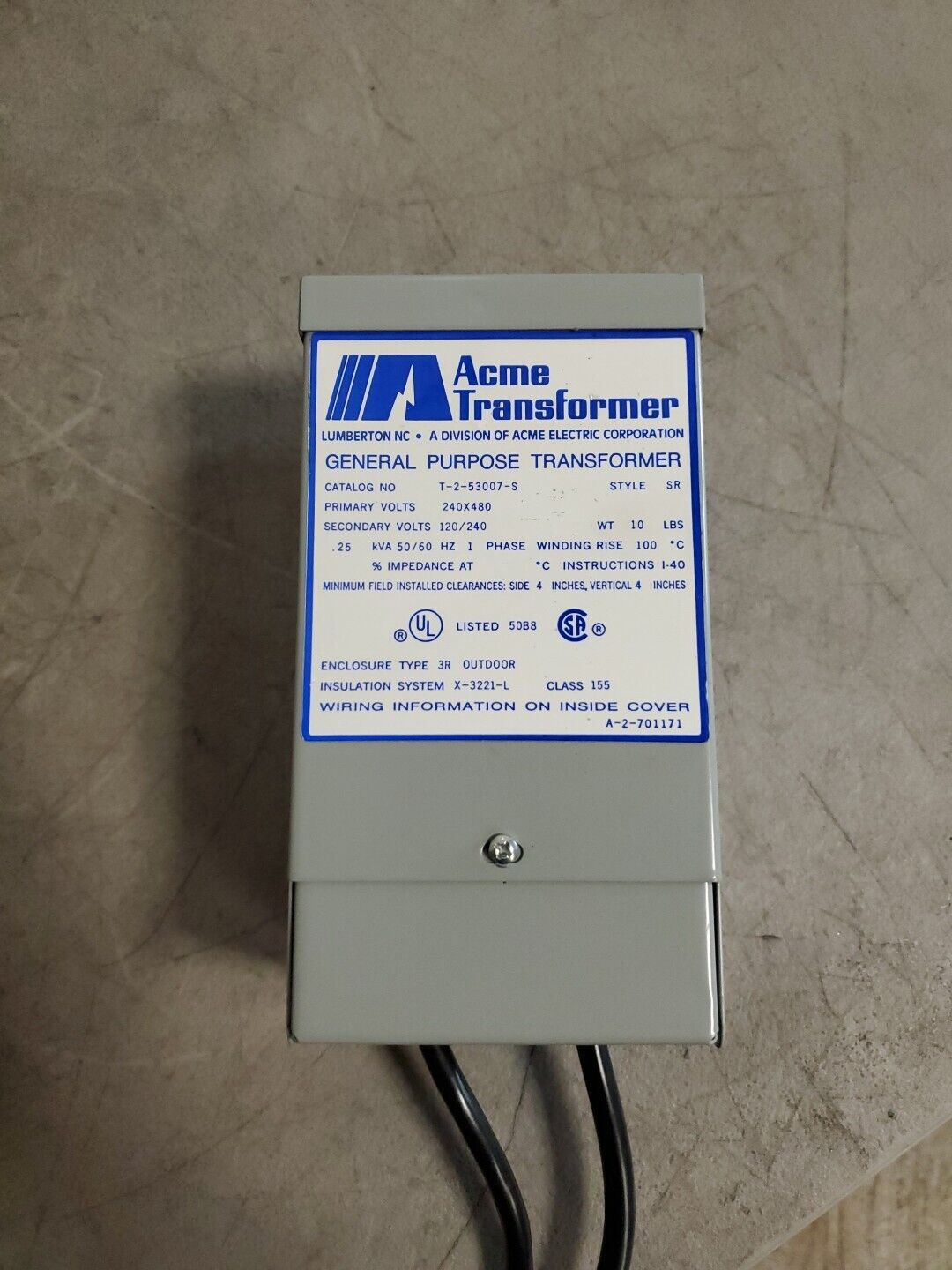 ACME Transformer T253007S 240/480V 50/60Hz 1 Phase. 4B21 Palmetto