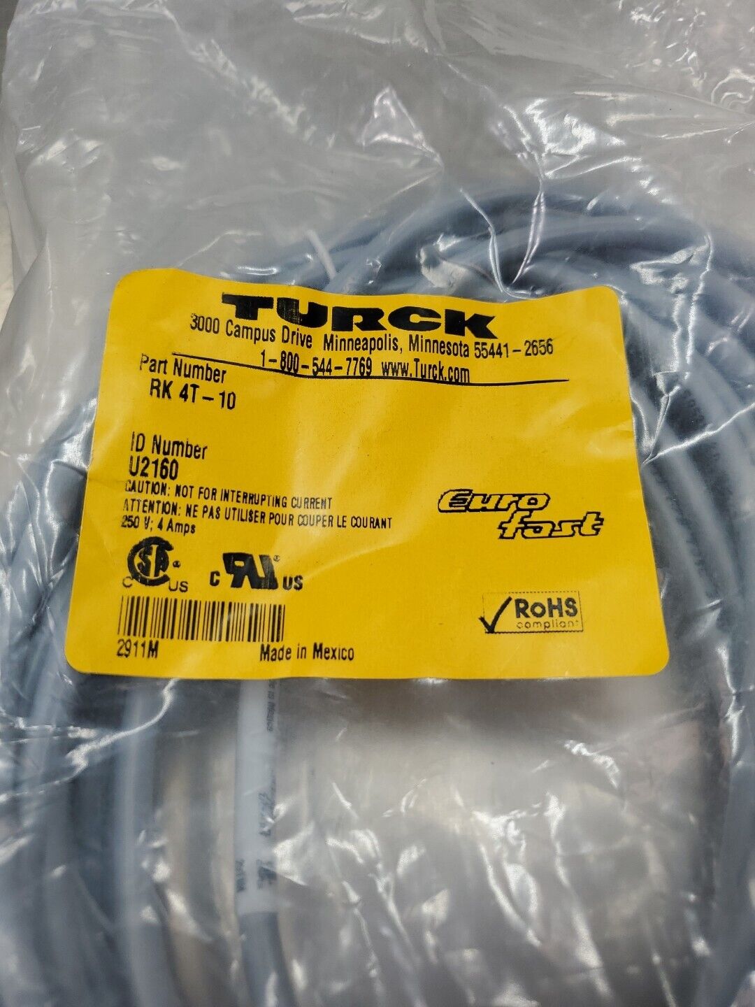 TURCK RK 4T-10 (U2160) EuroFast 250V 4A PLC Cable 5D-16