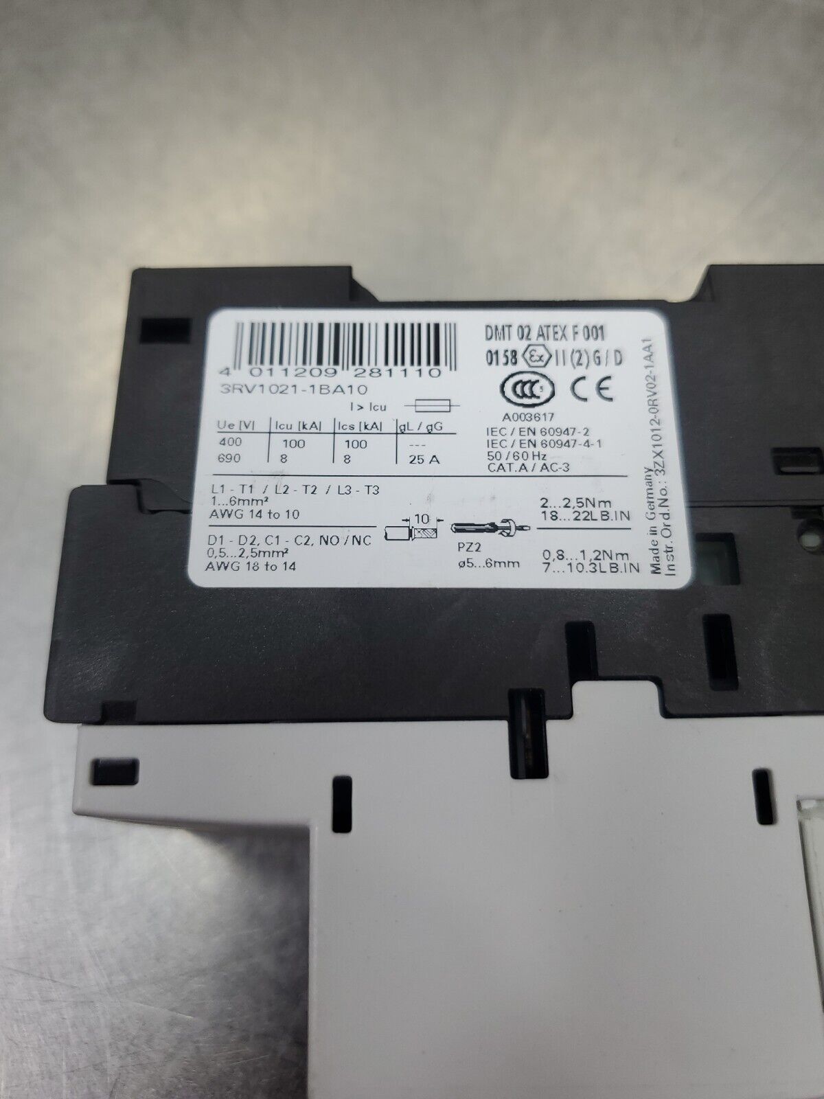 SIEMENS SIRIUS 3RV1021-1BA10 Motor Protection Circuit Breaker. 4C-1