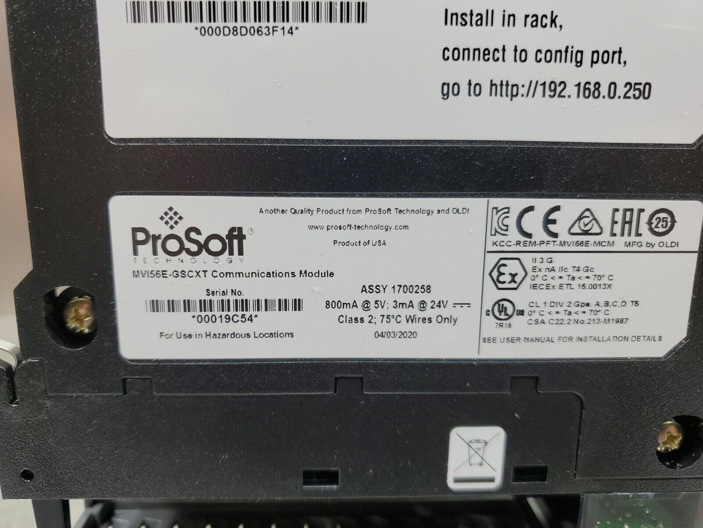 Prosoft MVI56E-GSCXT 24V Communication Module. 3C-11