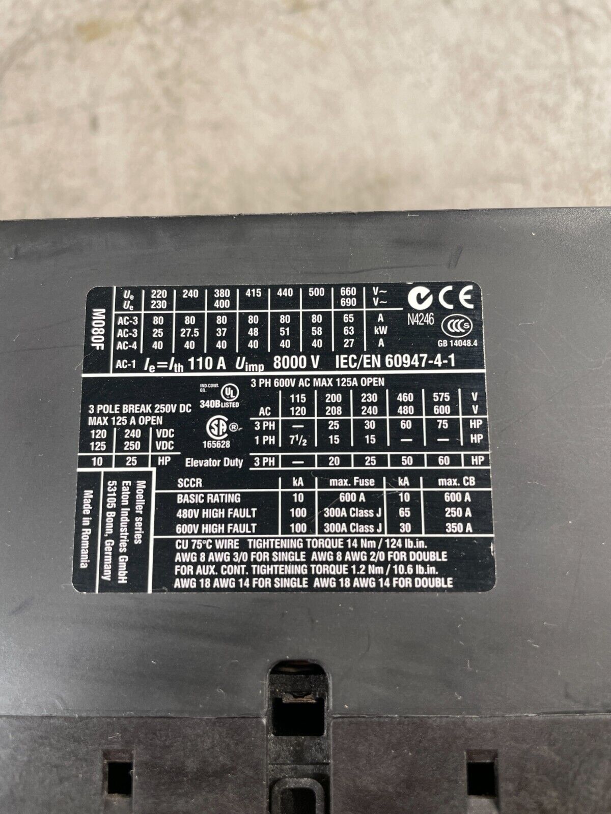 Eaton Dil M115 XTCE115G 24VDC coil POLE 3 PHASE 50HP/230V 100HP/460V CONTACT 2D