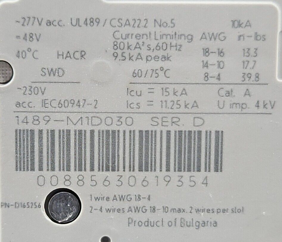Allen Bradley 1489-M1D30 Ser D. Circuit Breaker. 4E-21