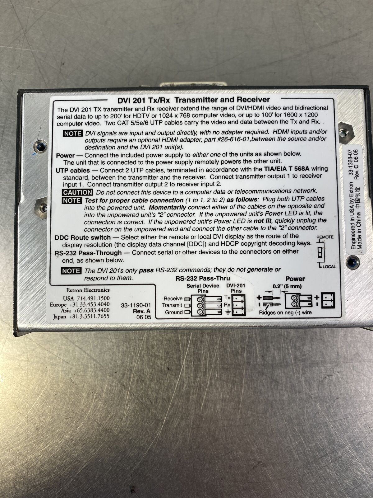 Extron DVI 201 RX Series RECEIVER 33-1328-07 33-1190-01 Rev A. 4A