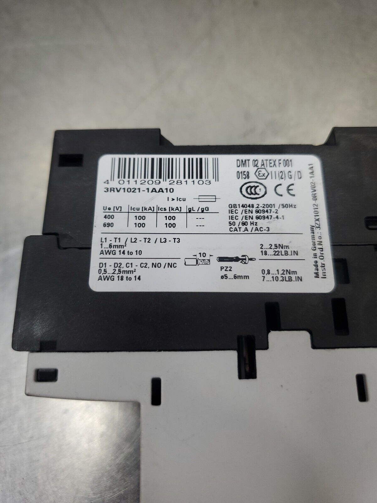 SIEMENS SIRIUS 3RV1021-1AA10 MOTOR STARTER PROTECTOR CIRCUIT BREAKER. 3C-1