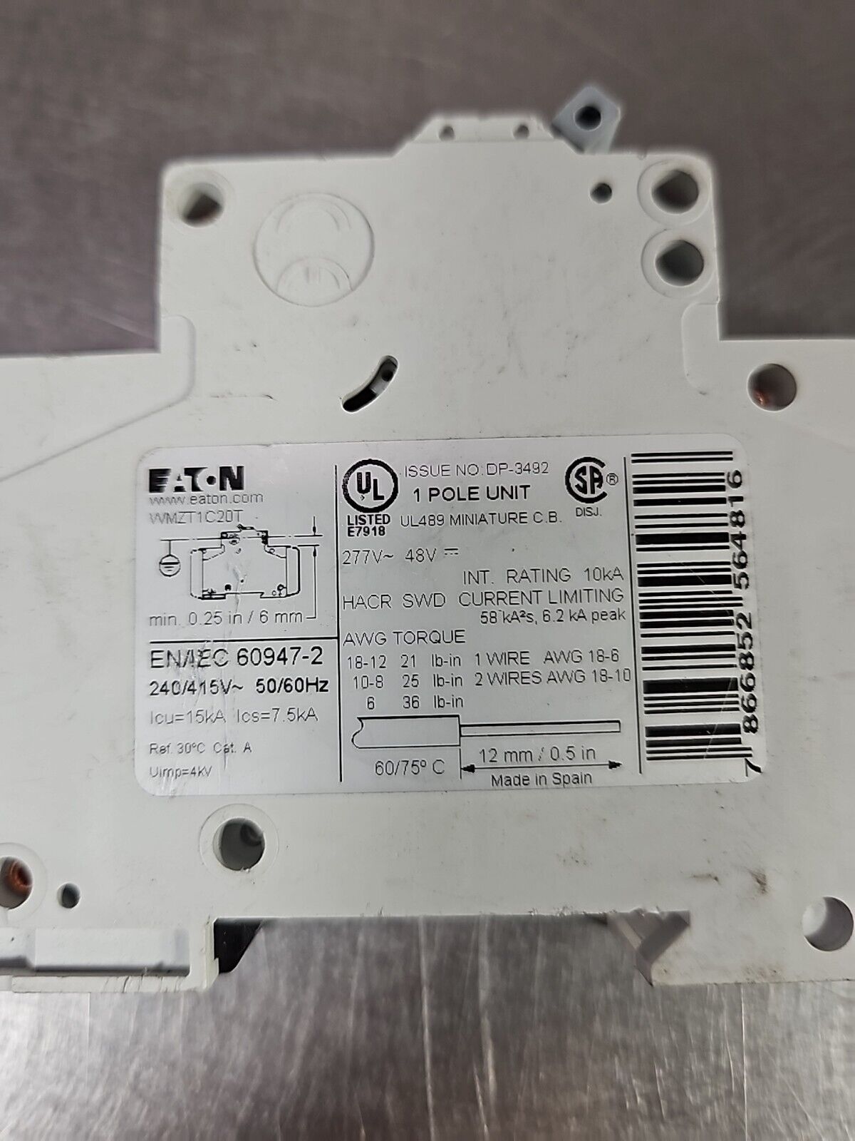 Eaton WMZT1C20T 20A 277-48V Circuit Breaker. Loc 4G-1