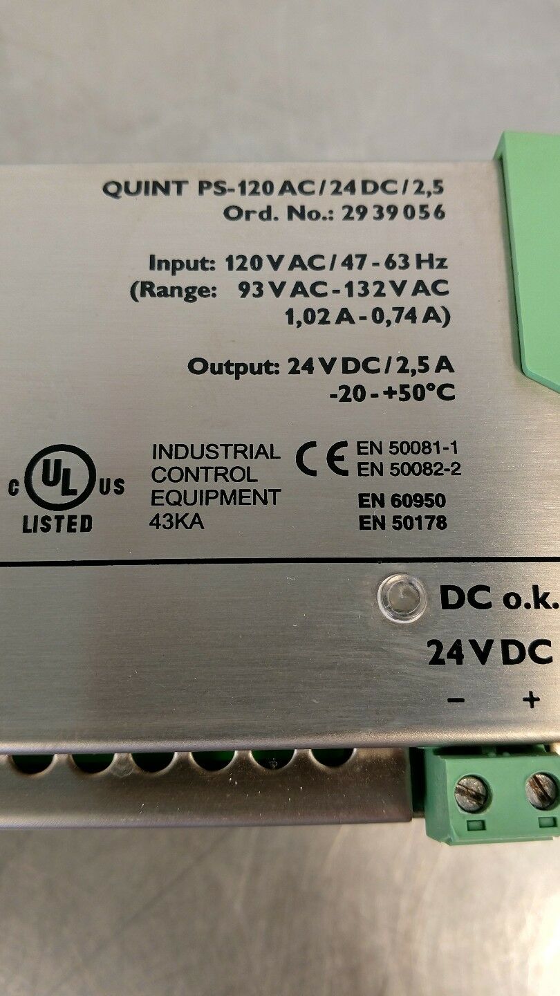 Phoenix Contact 2939056 24 VDC 2.5 Amp Power Supply QUINT-PS-120AC/24DC BIN#24