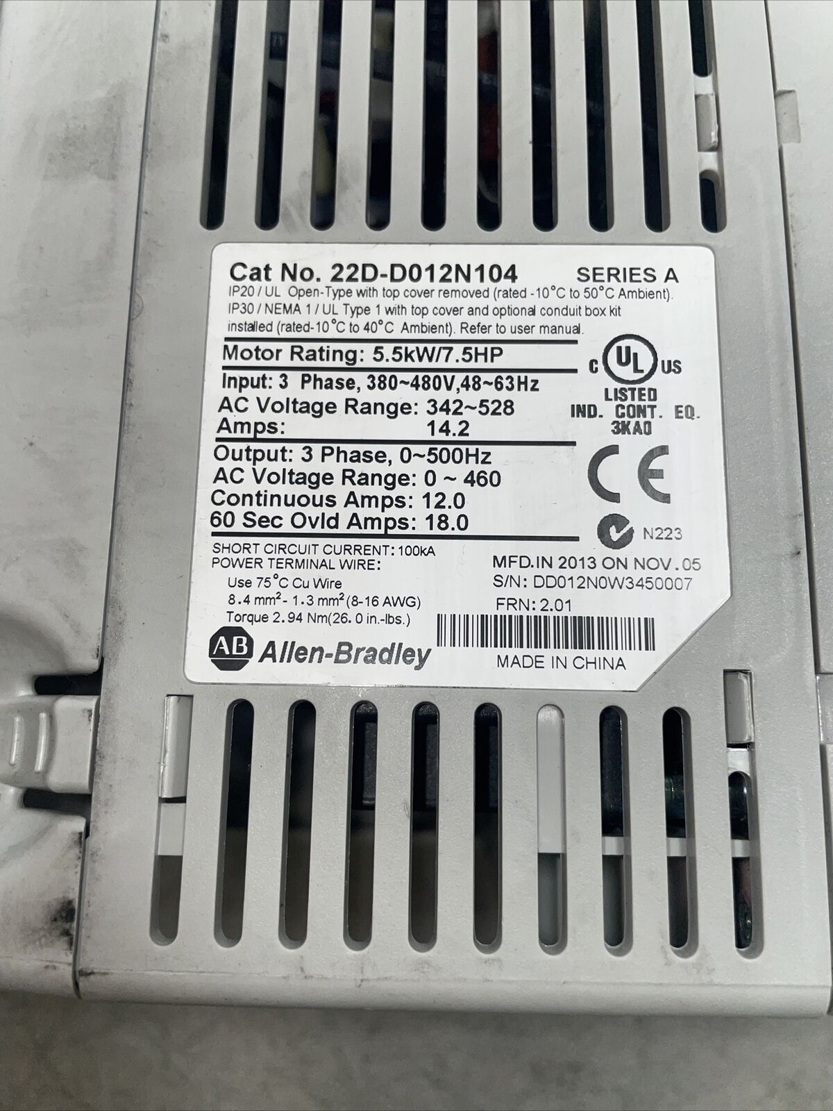 Allen Bradley 22D-D012N104 Series A Power Flex 40P AC Drive, 5.5kW/7.5HP - @1D