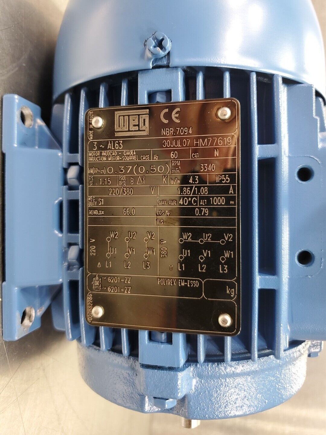 WEG AL63 220/380V 60Hz 3340RPM Motor. 1E