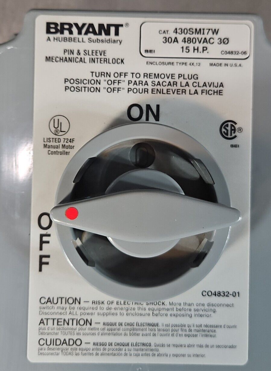 BRYANT 430SMI7W 30A, 480VAC, 15 H.P. Pin & Sleeve Mechanical Interlock 6C-10