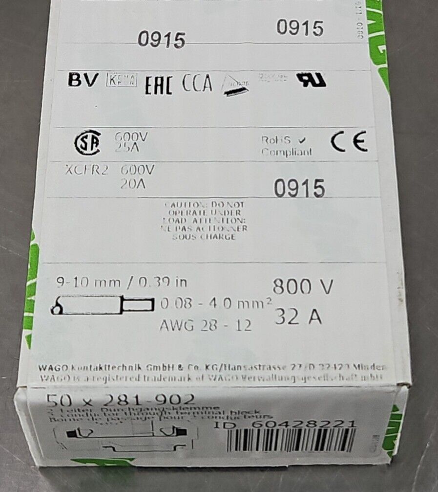 WAGO 281-902 Conductor Through Terminal Block. Box with 50. Loc 3E-36