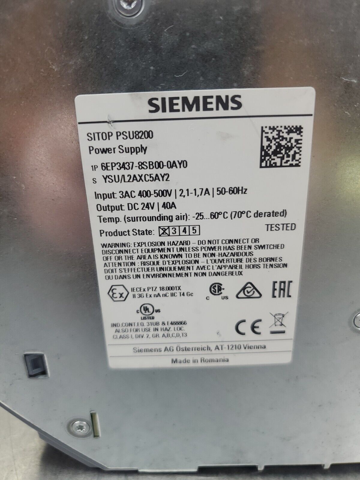 Siemens SITOP PSU8200 (6EP3437-8SB00-0AY0) 24VDC 40A Power Supply. 4B-2