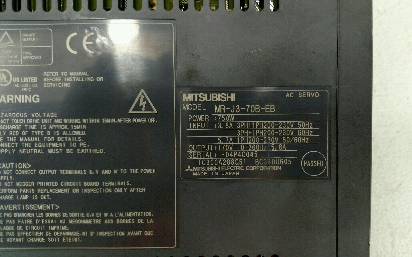 Mitsubishi MR-J3-70B-EB AC Servo Drive 1E