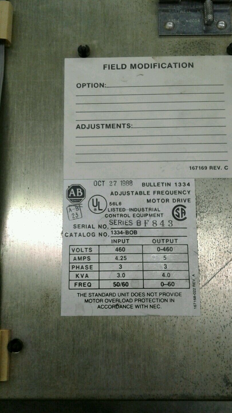 ALLEN BRADLEY 1334-BOB AC DRIVE 3HP 3PH 460V 4.25/5AMP. 1K