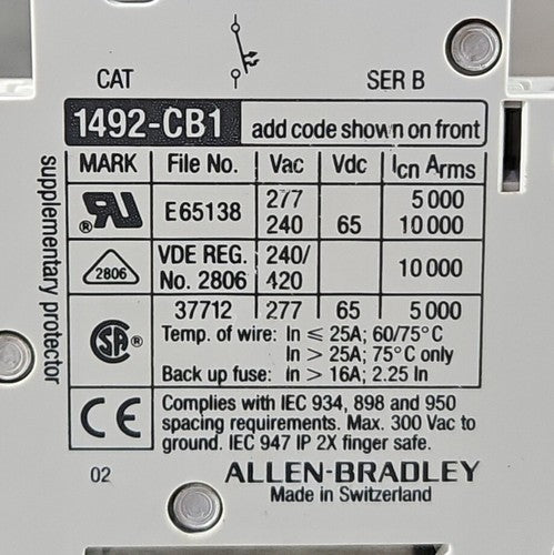 Allen-Bradley 1492-CB1-G030 SerB 1 Pole 3 Amp Circuit Breaker.          Loc4B-18
