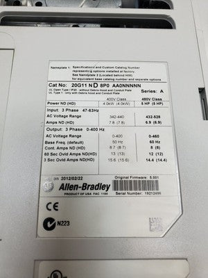 Allen-Bradley 20G11ND8P0AA0NNNNN Ser. A VFD Drive, 5HP, 400-480V