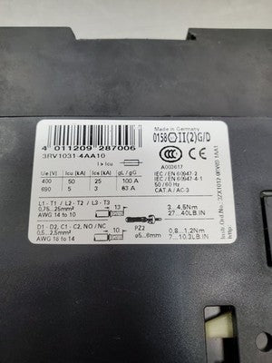 Siemens 3RV1031-4AA10 Motor Starter, 16A, 50/60 Hz