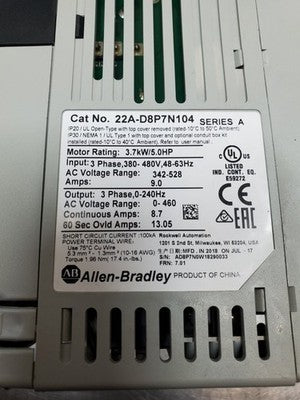 Allen-Bradley 22A-D8P7N104 Ser. A VFD Drive, 380-480VAC, 5HP