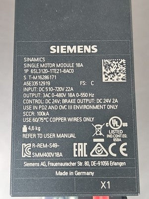 Siemens 6SL3120-1TE21-8AC0 Single Motor Module 18A (Qty Available)  Loc1G