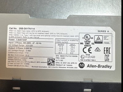 Allen-Bradley 25B-D017N114 Series A VFD Drive 7.5kW/10HP
