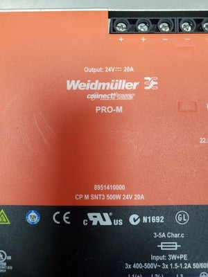Weidmüller PRO-M 8951410000 Power Supply, 500W, 24VDC, 20A