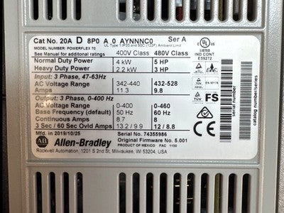 Allen-Bradley PowerFlex 70 VFD Drive 5HP 20AD8P0A0AYNNNNC0