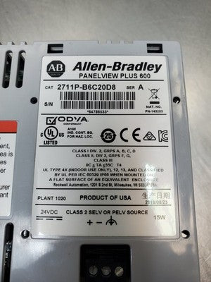 Allen-Bradley 2711P-B6C20D8 HMI 24VDC Panel, PN-143283 (REFURB)