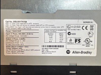 Allen-Bradley 25B-D017N104 Ser. A VFD Drive  (MISSING COVER)