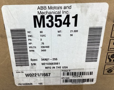 ABB BALDOR RELIANCE  M3541  MOTOR 3 PH .75 HP 230/460V 3450 RPM          1D-58