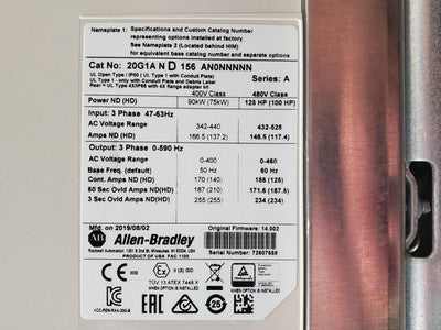 Allen-Bradley 20G1AND156AN0NNNNN Ser A VFD Drive, 125HP