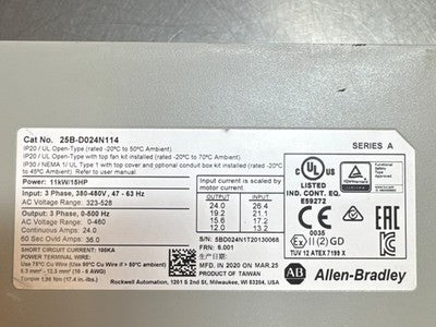 Allen-Bradley 25B-D024N114 Ser. A VFD Drive 15HP