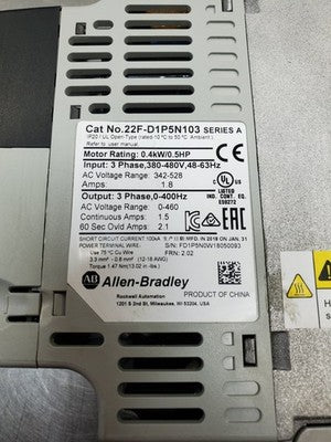 Allen-Bradley 22F-D1P5N103 Ser. A VFD Drive, 1.8A, 0.5HP