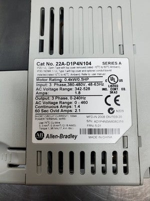 Allen-Bradley 22A-D1P4N104 Ser. A VFD Drive, 0.5HP