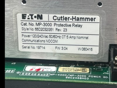 Eaton Cutler-Hammer MP-3000 Protective Relay 120/240V 66D2032G51