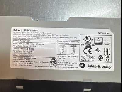 Allen-Bradley 25B-D017N114 Series A VFD Drive 10HP (MISSING COVER)