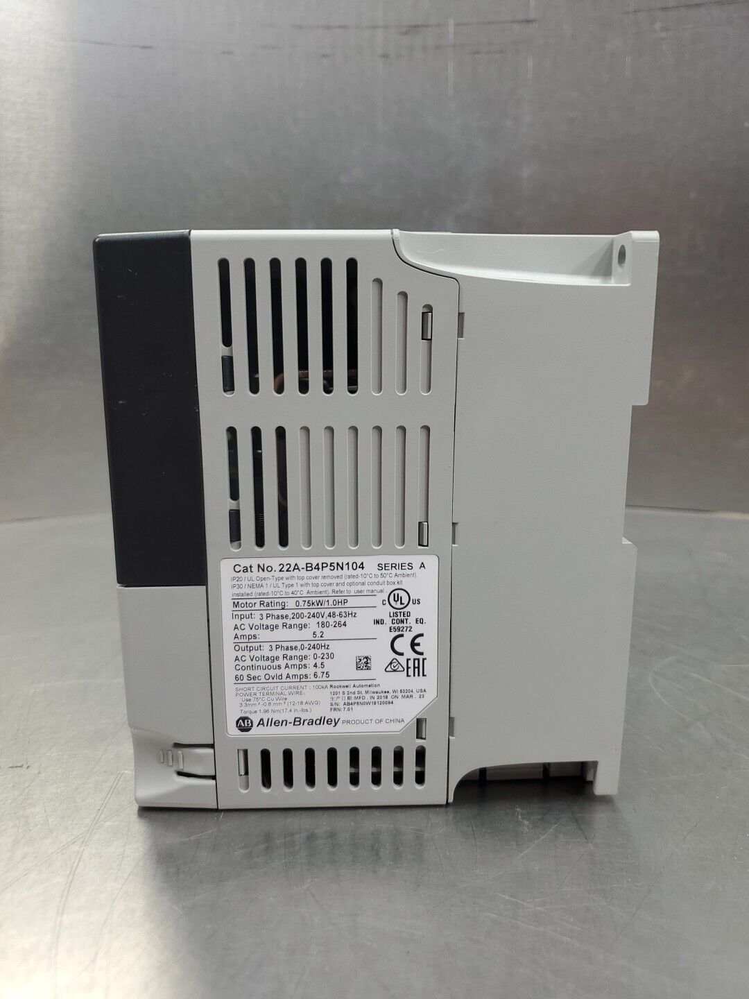 Allen Bradley 22A-B4P5N104/A PowerFlex 4 AC Drive,  0.75kW/1HP 240V.       1B-14