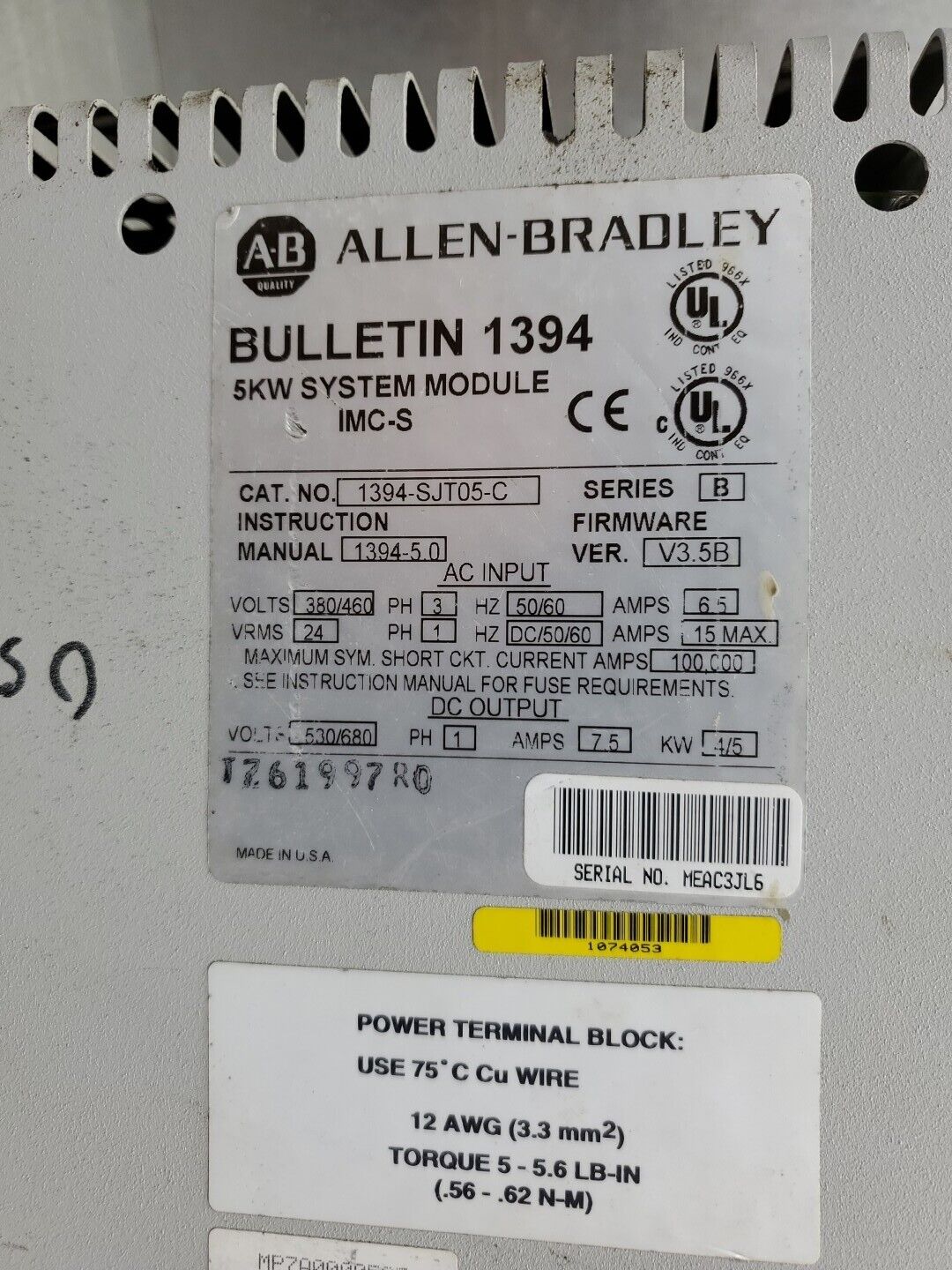 ALLEN BRADLEY 1394-SJT05-C SER. B  5KW SYSTEM MODULE IMC-S.                   1C