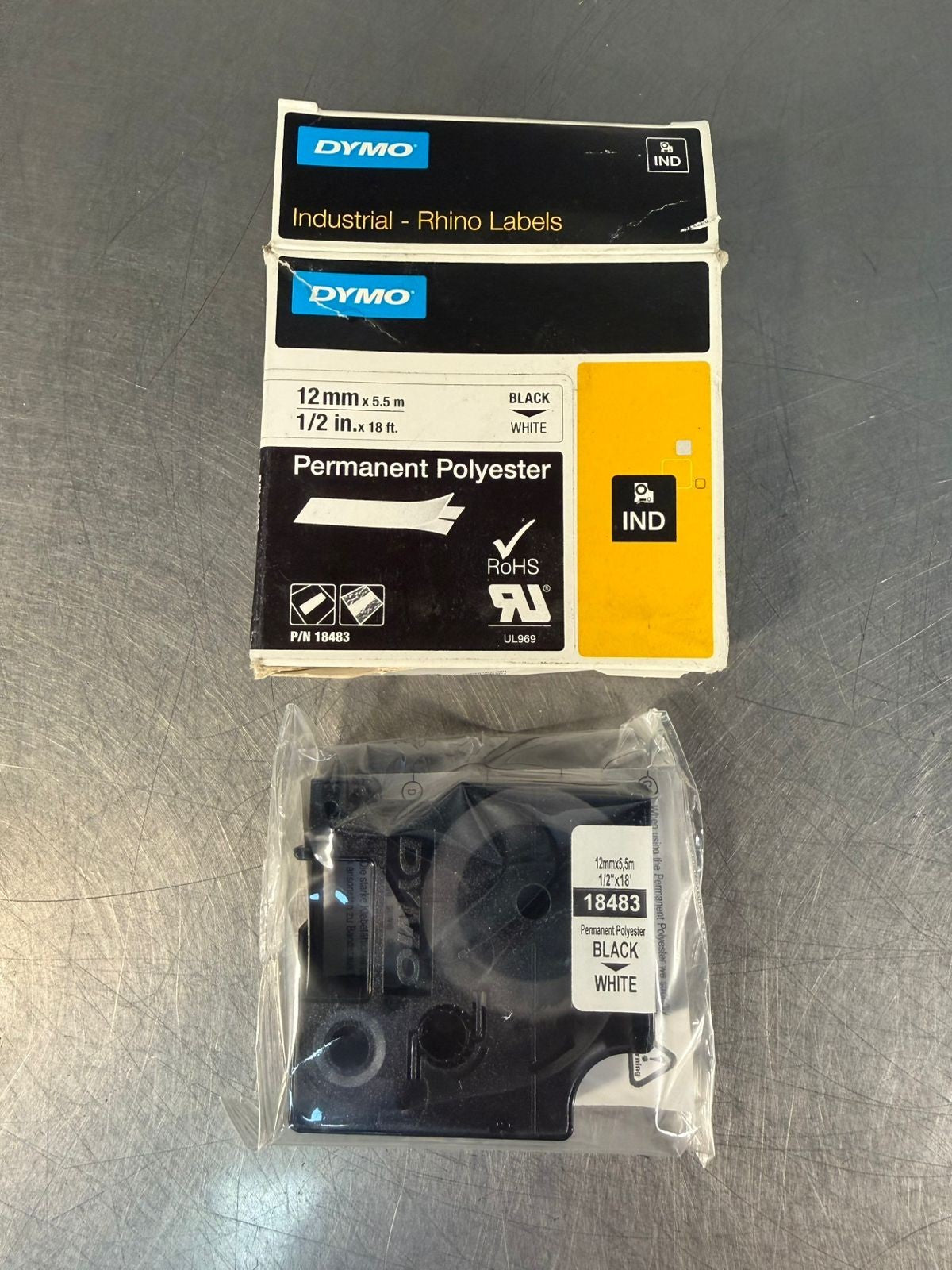 Dymo Rhino 18483 Permanent Poly Tape 1/2" x 18 ft White Black Print (3.1.1)