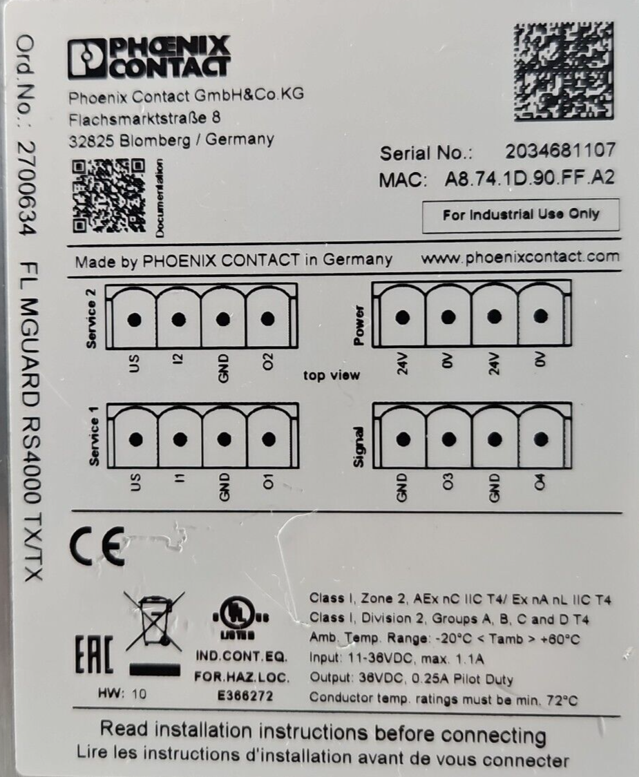 Phoenix Contact FL MGUARD RS4000 TX/TX Smart Router                     (BIN313)