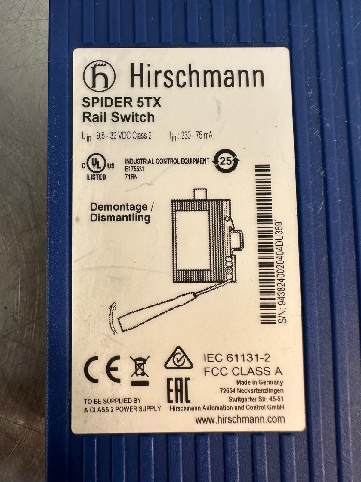 Hirschmann Spider 5TX   32VDC Class2 Rail Switch                  (5.4.5)