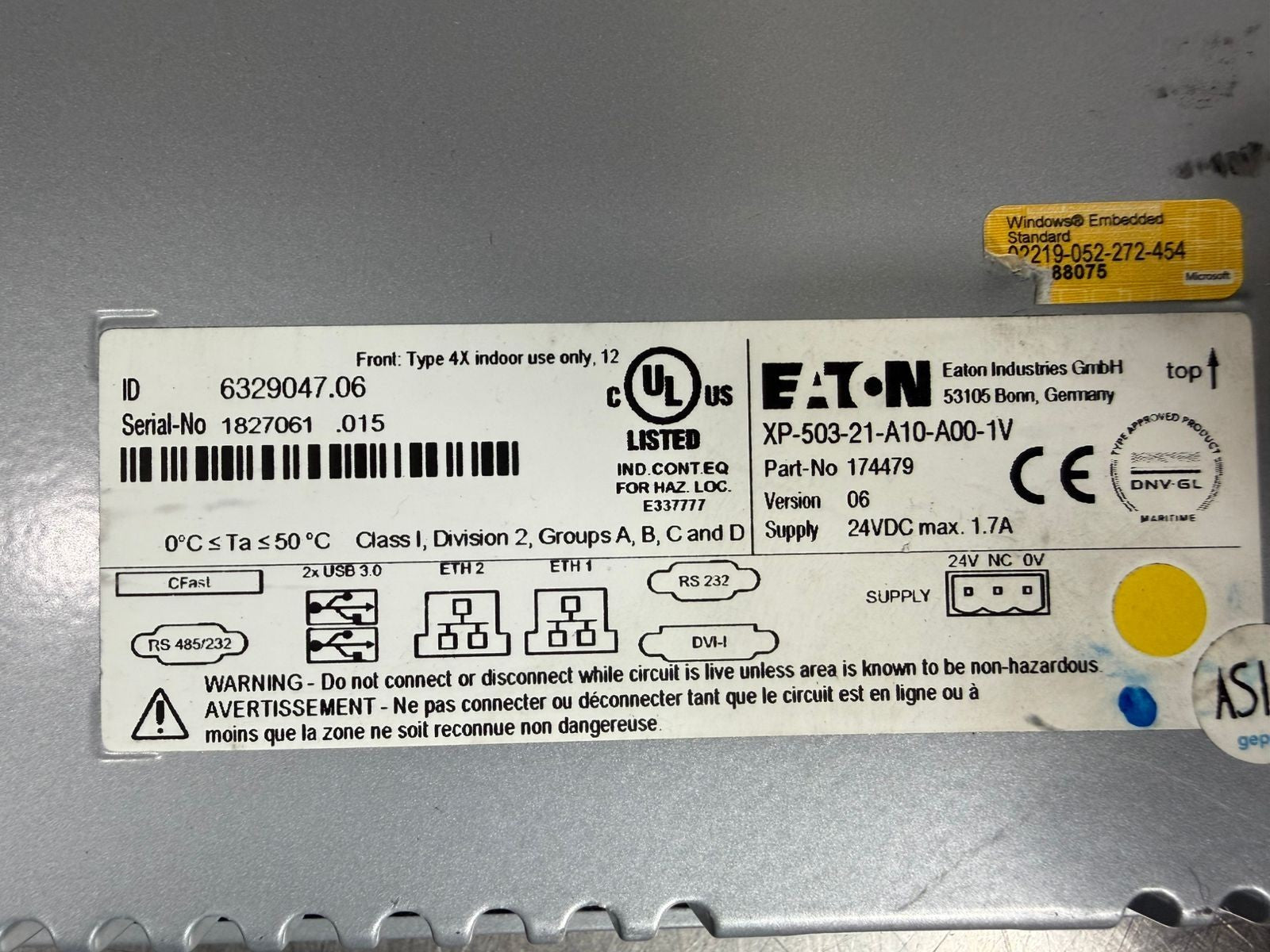 Eaton XP-503-21-A10-A00-1V Interface Panel 174479 Ver06 24Vdc 1.7A       (8.6.8)