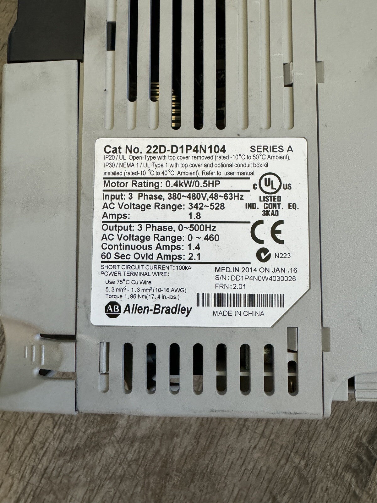 Allen-Bradley 22D-D1P4N104 Power Flex 40P  480 VAC AC Driver (bin1.4.5)