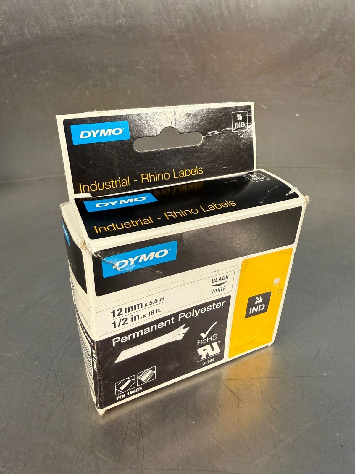 Dymo Rhino 18483 Permanent Poly Tape 1/2" x 18 ft White Black Print (3.1.1)