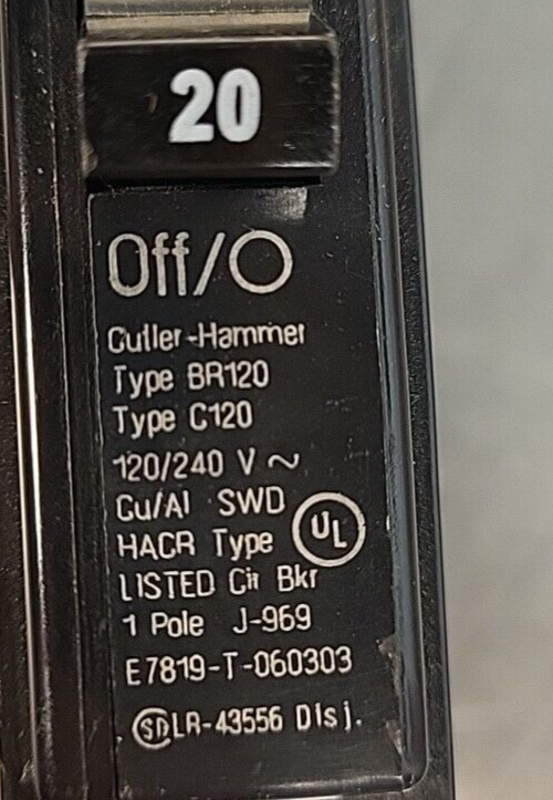 Cutler Hammer E7819 20 AMP Circuit Breaker 1 POLE Quick lag 120/240V (BIN 3.5.4)