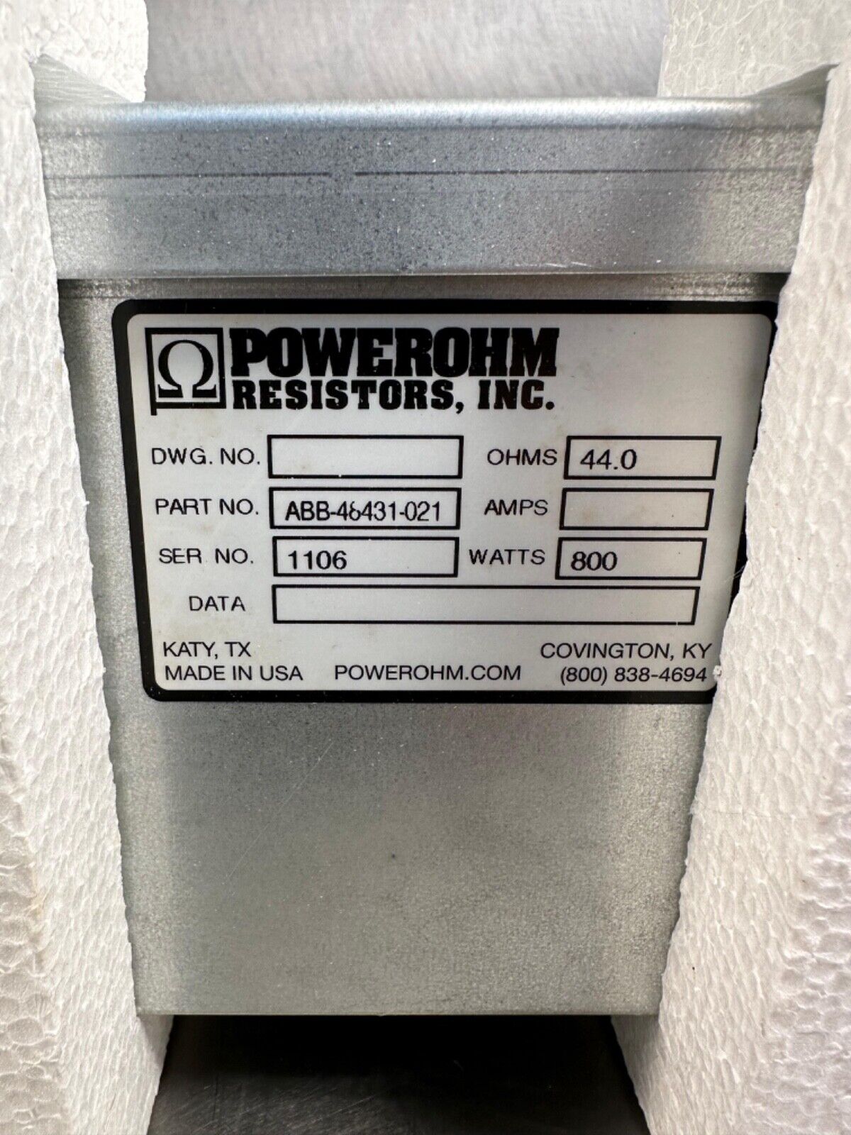 Powerohm  ABB-48431-021 800 WATT New On Box  (4A-31)