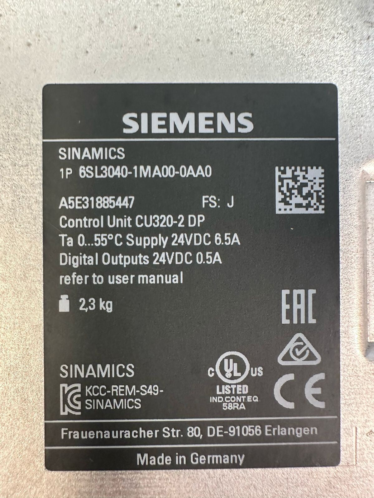 Siemens 6SL3040-1MA00-0AA0 Sinamics Control Un 24VDC 6.5A CU320-2 DP (8.3.1)