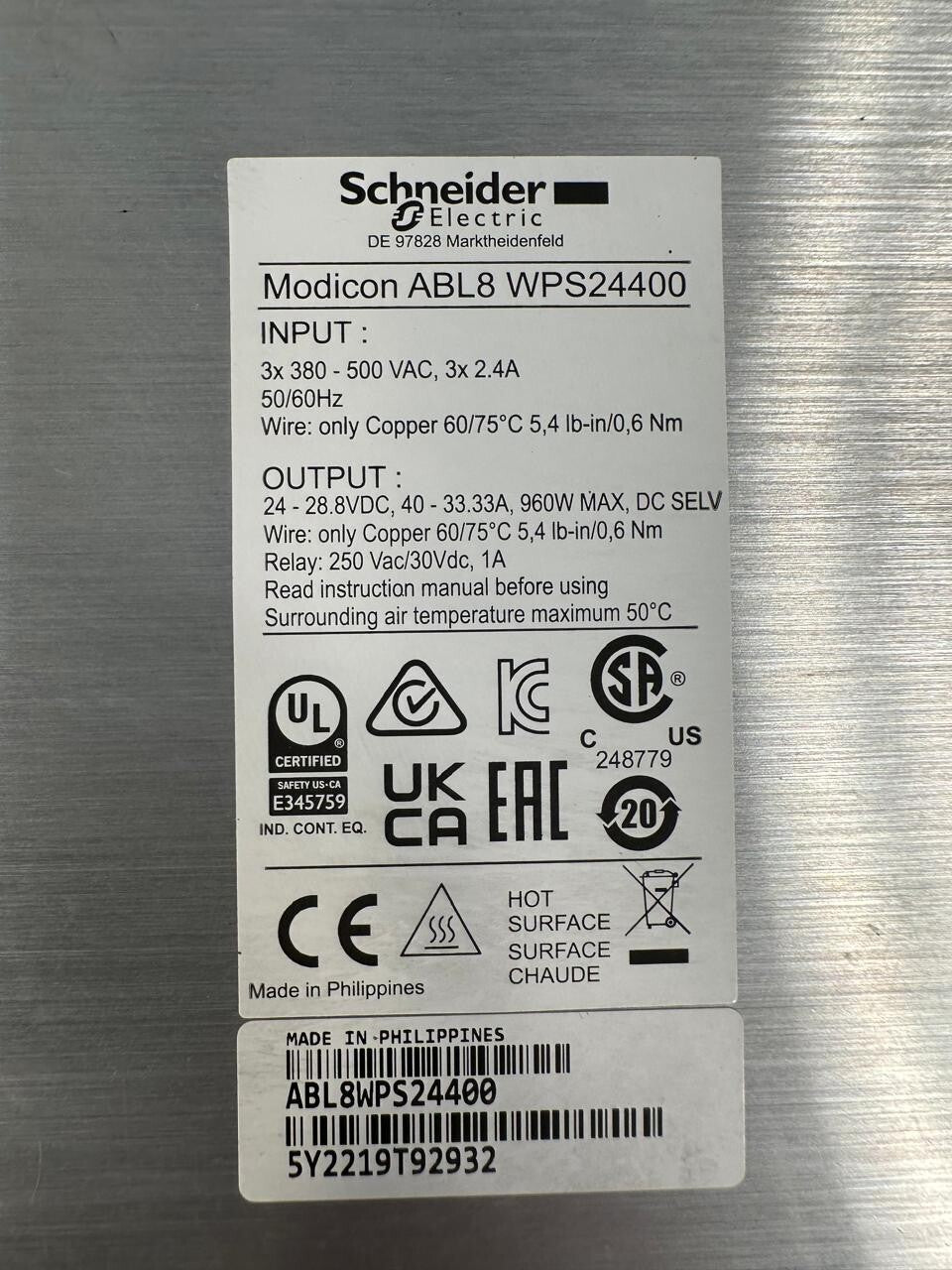 Schneider  ABL8WPS24400 Power Supply 24VDC-40A ABL8-WPS24400  (6.3.4)