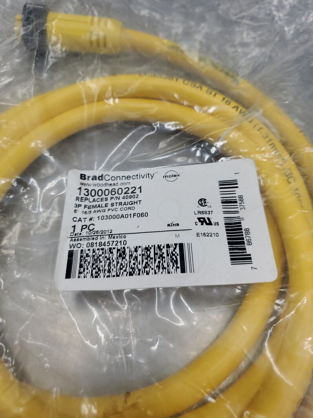 Brad Connectivity 1300060221 3P 6' Female Straight.                        5E-18