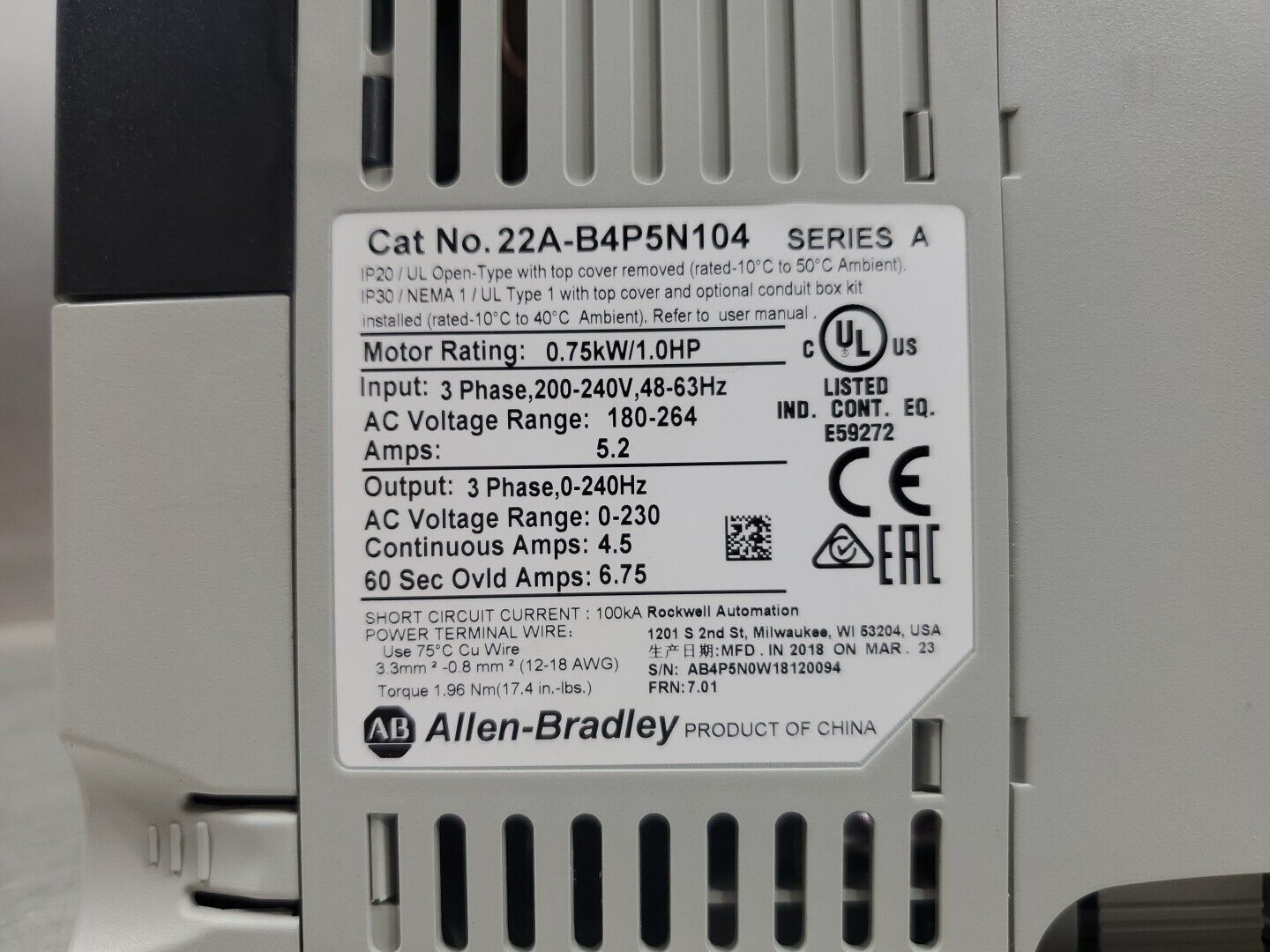 Allen Bradley 22A-B4P5N104/A PowerFlex 4 AC Drive,  0.75kW/1HP 240V.       1B-14
