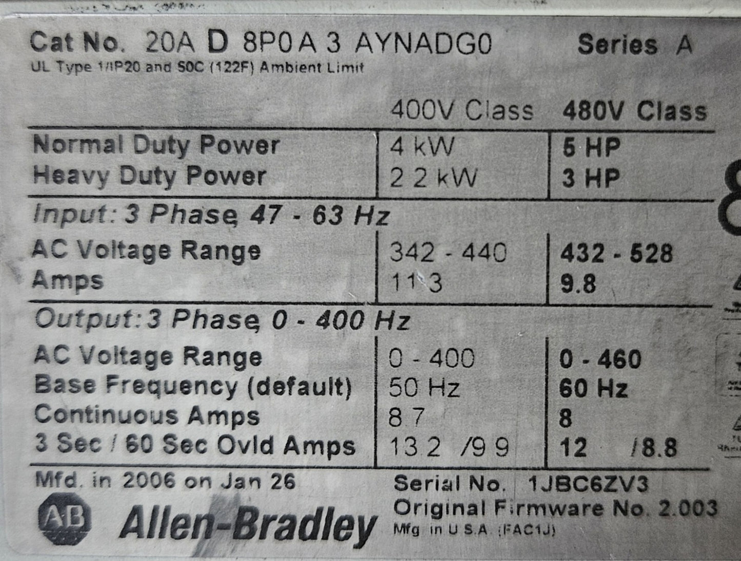 Allen Bradley 20AD8P0A3AYNADG0 /A PowerFlex 70 AC Drive 5HP             (BIN751)