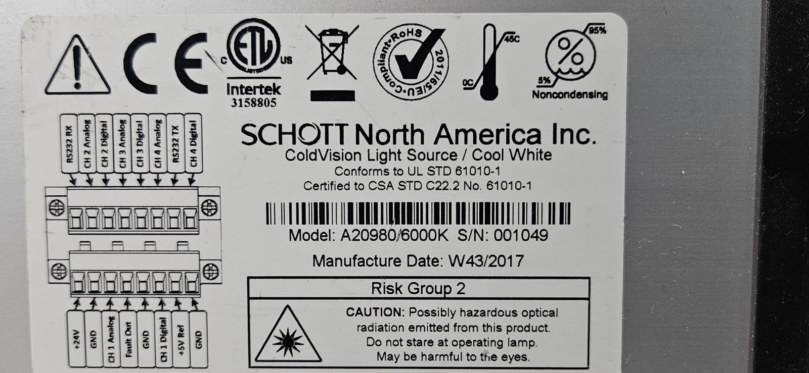 Schott A20980/6000K ColdVision Light Source                             (BIN632)